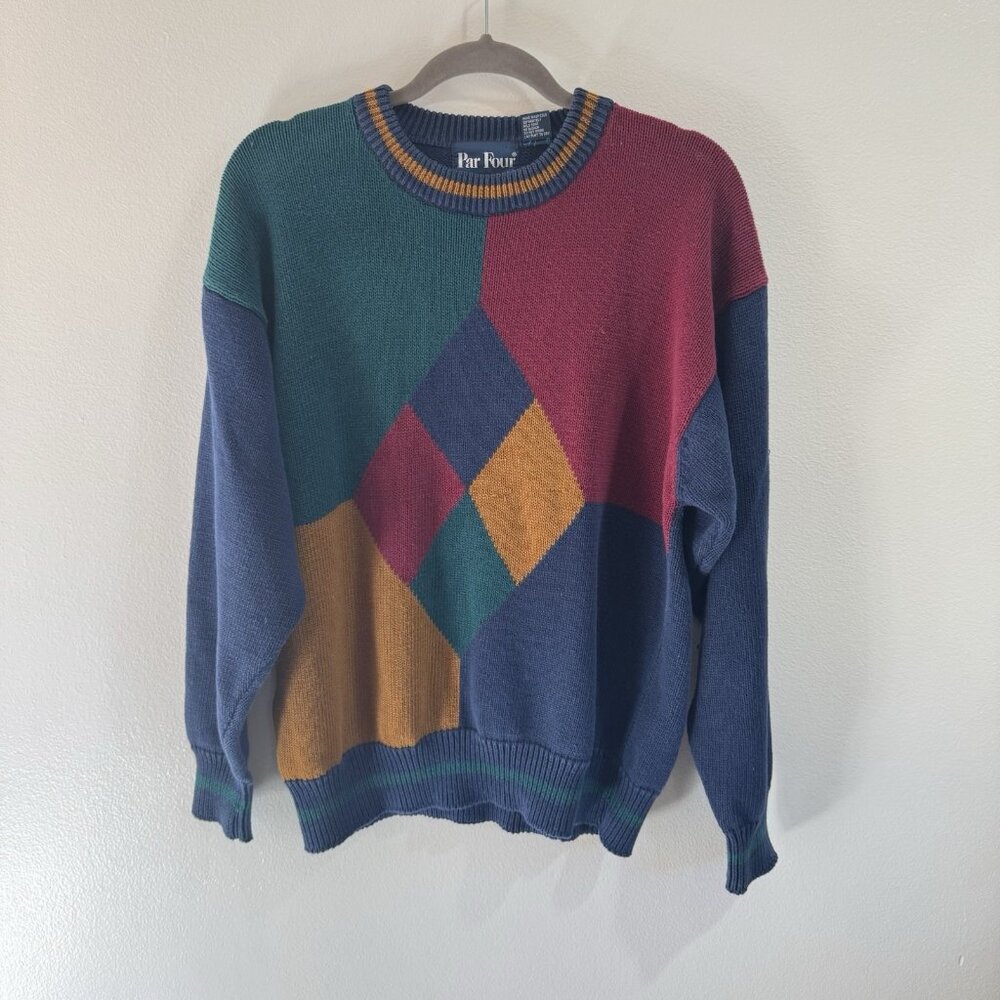 Vintage 80s 90s Par Four Sweater Mens L Argyle Colorblock Golf Knit Preppy